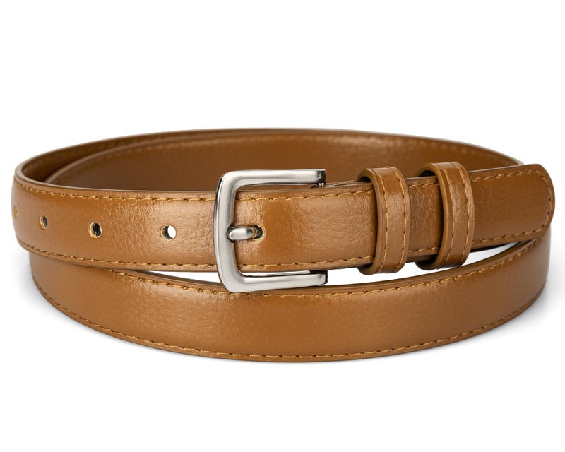 maikun Brown Womens Belt, Skinny PU Leather Waist Belt for Ladies Length 39.4'' - Image 1